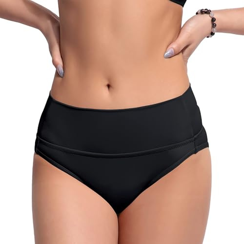 Period Swimwear, Bikini Period Swimsuit Bottoms, Menstrual Leakproof Underwear for Swimming, Middle Waist Period Swimming Panties for Girls Teens Women (UK, Alpha, L, Regular, Regular, Black)