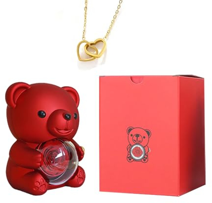 Oso de oso con rosa eterna y caja de joyería, regalo romántico con collar para mujer, idea de regalo de San Valentín, día de la madre, cumpleaños y boda