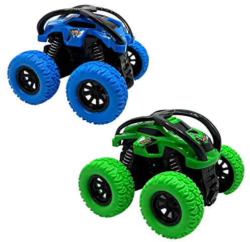 GUIGUZHJ Monstertruck Spielzeugauto, 2 Stück Monster Truck Aufziehauto Kinder Spielzeug, Reibung Zurückziehen, 360° Drehung Trägheit Fahrzeug, Auto Spielzeug für Baby Kinder ab 3 Jahre (Grün & Blau)