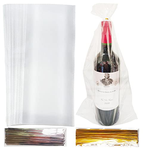 100pcs Clear Wine Bottle Gift Bags with BONUS 200 Pieces Gold Silver Twists, 8 x 16 Inch Many Cellophane Bags Clear Plastic Gift Wine Bag Wrap for Wrapping Gifts Present Candy Holiday Party Favors.