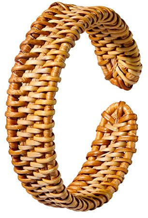 HSWE Rattan Bracelet for Women Handmade Lightweight Straw Wicker Braid Cuff Bangle Bracelet Statement Adjustable Bohemian Rattan Woven Chunky Bracelets for Girls Summer Wrist Jewelry, Wood, alloy