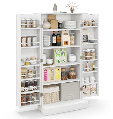 GOPLUS Armario de Cocina, Mueble Auxiliar Cocina con 2 Puertas y 17 Estantes, Armario Despensa Cocina con Protección Basculante para Comedor, Sala de Estar (Blanco)