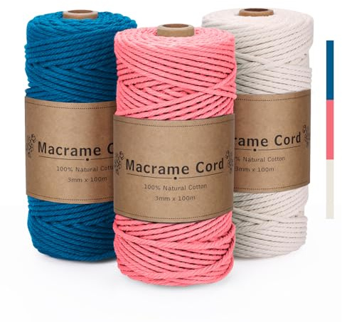 PUWOWYE Hilo Macrame 3mm Melocotón Azul Beige, Juego de 3 Cuerdas, Cordon Natural, Cordón de Algodón para Tapices, Hogar Decoración Bohemia, 3x100M