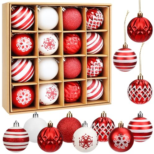 16PC Weihnachtskugeln Kunststoff Christbaumschmuck, 6CM Christbaumkugeln Weihnachtsbaumschmuck Deko Weihnachten, Rot Weiß Weihnachtsdeko, Weihnachtsbaum Kugeln für Feiertage