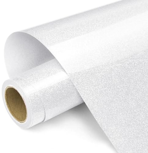 Prime Vinyl Heat Transfer Vinyl, 12 x 8ft White Glitter HTV Vinyl for T-Shirt, Iron on Vinyl for all Cutting Machines, Easy to Cut & Weed with Heat Press DIY Craft Designs
