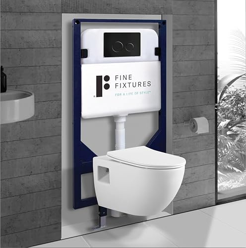Fine Fixtures Surge Wall-Hung Power Flush Toilet – White Toilet with Universal In-Wall Toilet Tank Carrier and Matee Black Push Plate – Space-Saving Modern Design