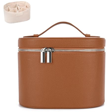 IEMIEBOAMGNOY Leather Make Up Bags With Compartments, Brown travel Cosmetic Bags for Women, Parallel Makeup Travel Bags Organizer Equipped With a Detachable Divider