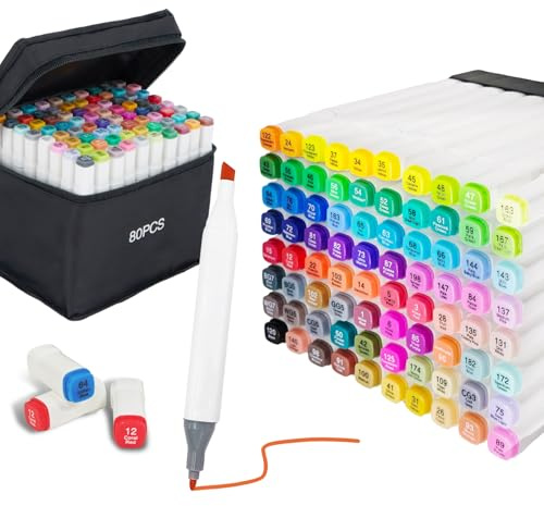 Octirst 80 Colours Alcohol Markers, Colouring Pens for Adults Beginners, Dual Tip Drawing Markers Permanent Art Markers for Sketching, Doodling, Anime Calligraphy With Carrying Case Gift Idea