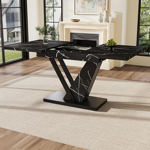 Lahoomu Esstisch Teleskoptisch (120-160 * 75cm), Tisch,mit Hilfe Innenliegender Einlegeplatten auf 120-160cm Ausziehbar, Esstisch mit Schwarzem Marmormuster