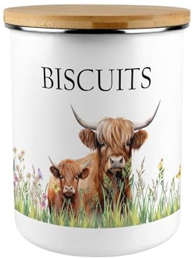 Purely Home Highland Cow & Calf Biscuit Canister - Countryside Farm Animals Large Enamel Kitchen Storage Container Gift