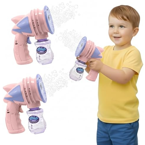 AMATOYS – Set de 2 Pistolas de Burbujas Automatica con Luz y Musica + Botellas de Solucion – Juguete para Niños, Fiestas, Regalos y Verano al Aire Libre