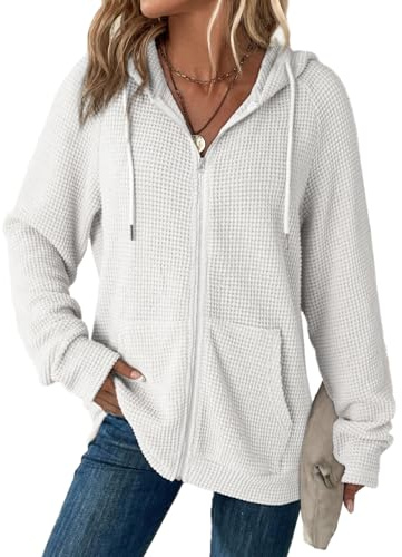 Dokotoo Womens Casual Plus Size Full Zip Up Hoodies Long Sleeve Solid Hooded Sweatshirts Waffle Knit Pockets Jacket Coat for Women 2026 Fall Fashion Outfits White XXLarge