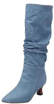 Xbemkste damstövlar med klack, knästövlar, slouch stövlar, eleganta höga stövlar, dam, långa stövlar, slip-on, stövlar, veckade lediga stilstövlar, övergångsstövlar