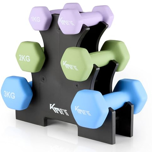KM-Fit Juego de mancuernas 12 kg con soporte | Mancuernas de neopreno 1–3 kg | Hierro fundido con mango ergonómico | Antirodadura | Fitness y entrenamiento de fuerza en casa