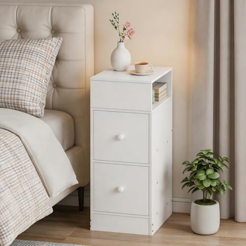 Homullel 25cm Narrow Bedside Cabinet 2 Drawers Slim Bedside Table Small Nightstand Bed Side Table for Bedroom Living Room (2 Drawers Table, White)
