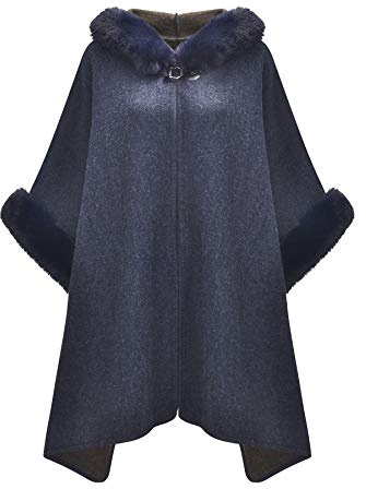 ZLYC Hiver Fausse Fourrure Cape Chaud Tricoté Ponchos Châles à Capauche(Marine),Taille Unique