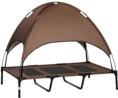 PawHut Erhöhtes Hundebett mit Baldachin, Haustierbett, Hundeliege Outdoor mit Dach, Atmungsaktiv, Taftstoff für Camping Kaffee 122 x 92 x 108 cm