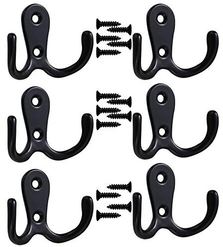 6 PCS Vintage Antique Double Door Hooks - Wall Mounted Decorative Coat Hanger for Clothes, Hat, Robe - Screw In Prong Hooks for Kitchen, Bedroom, Bathroom With Screws