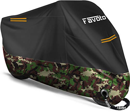 Favoto Telo Coprimoto 210D Teli per Moto Scooter Impermeabile Resistente ad Acqua/Polvere/Pioggia/Vento/Foglie, Copertura Motociclo (Nero Camuffare, 265x105x125cm)