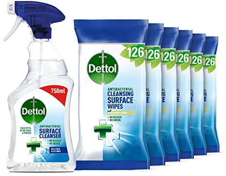 Dettol Antibacterial Bulk Surface Cleaning Spray, 750 ml, Pack of 6 (Packaging May Vary) & Wipes Antibacterial Bulk Surface Cleaning, Multipack of 6 x 126, Total 756 Wipes