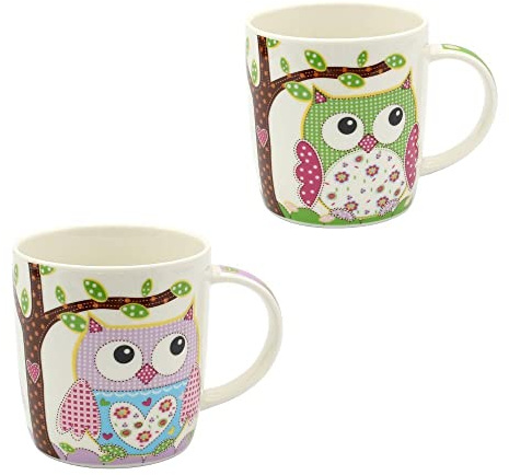 Dekohjälden24 set med 2 kaffemuggar i porslin – motiv: Färgglada ugglor i grönt – lila – storlek H/Ø: 9,5 x 8,5 cm, kapacitet 350 ml, diskmaskinssäker