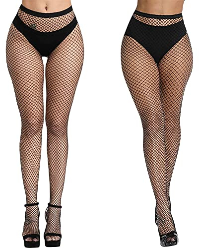 Aomig Netzstrumpfhose Schwarz, 2pcs Fishnet Stockings Strümpfe, Elastisch Hohe Taille Schenkelhohe Strümpfe Strumpfhosen, Mode Strumpfhosen Netzstrümpfe für Damen Alltagskleidung(mitte kleines netz)