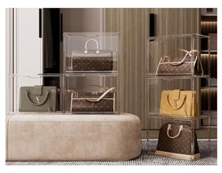 6 Stück Transparenter Handtaschen Aufbewahrung Box, Stapelbare Acryl vitrine mit magnetischer Tür, Kunststoff-Aufbewahrungsbehälter Vitrinenschrank für Geldbörse Sammlerstück Spielzeug Schuhe