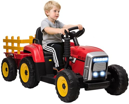 HOMCOM Trattore Elettrico per Bambini con Rimorchio Rimovibile, Batteria 12V Ricaricabile con Telecomando, Porta USB, Musica Preinstallata e Luci, Età 3-6 Anni, Blu
