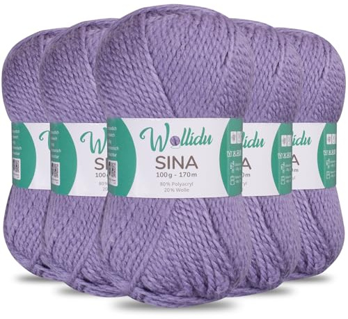 Wollidu Sina Wolle zum Stricken und Häkeln 500g Premium Strickwolle/Häkelwolle Set OEKO-TEX zertifiziert 5 x 100g/170m 80% Polyacryl 20% Schafwolle mulesing-frei - Lavendel