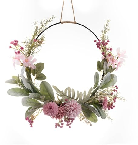 16 Inch Artificial Door Wreath Artificial Flower Wreath Fake Pompom Garland with Green Leaves Spring Summer Faux Floral Wreath for Front Door Wall Hanging Window Garden Wedding Festival Decoration
