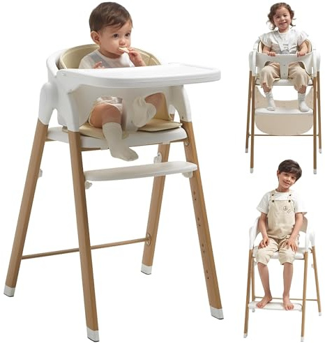KUB High Chair for Babies and Toddlers Adjustable Foldable Convertible 5 Point Harness Easy Clean Wood-Printed Metal with Removable Tray Baby Highchair for Family (White&Natural Wood-Printed Metal)