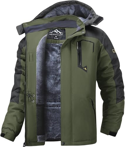 Tansozer Warme Winterjacke Herren Winddicht und Wasserdicht Skijacke Winter Arbeitsjacke mit Kapuze Outdoorjacke, Armeegrün, XXL