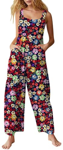 Dungarees Women, Womens Jumpsuit Casual Loose Bib Overalls Elegant Boho Floral Plus Size Wide Leg Jumpsuits with Pockets 01-Deep Red XL