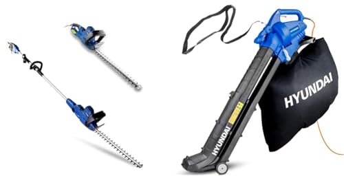 Hyundai 550W 440mm 2-in-1 Hedge Trimmer, Extendable Corded Electric Pole Telescopic Trimmer Pruner & Leaf Blower, Garden Vacuum & Mulcher with Large 45 litre Collection Bag, 12m Cable