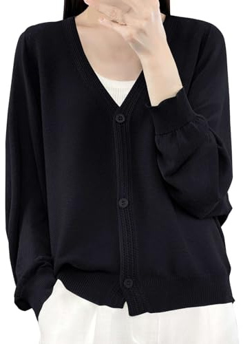 Cardigan à manches longues et col en V pour femme en lin et soie glacée, Noir , XXL