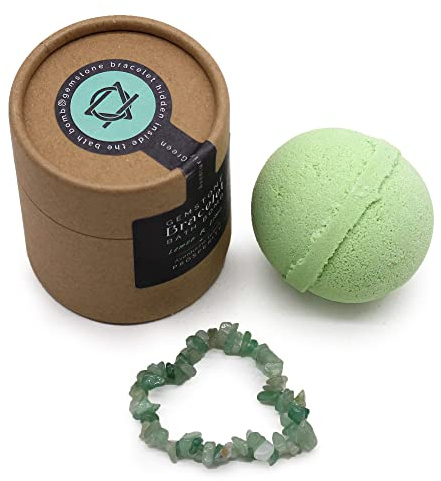 Green Aventurine Gemstone Bracelet Bath Bomb – Handmade in The UK, 140g – Luxurious Spa Gift with Surprise Healing Crystal Bracelet