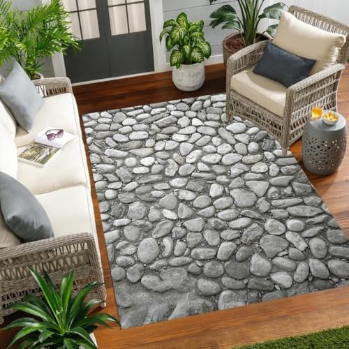 Grey Cobble Stone Theme Garden Outdoor Area Rug 3x5 Ultra Soft Comfort Washable Foldable Thin Non Slip Art Decor Carpets for Balcony Deck Porch Terrace Camping Pool Outside 3D Stone Mats