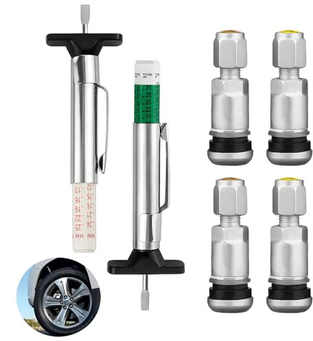 4 Pezzi Valvole Cerchio Pneumatici e 2 Misuratore battistrada pneumatici, Universali Valvole in Metallo per Cerchioni in Acciaio Da 11,3 mm, Valvole Pneumatici Auto, Accessori per Auto con Valvola Ari