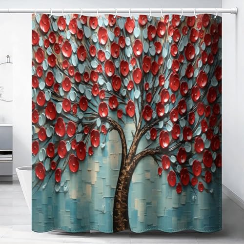 GMUKIFFY Cortina de ducha moderna con diseño de árbol rojo, telón de fondo azul abstracto, impermeable, cortina de baño de tela de poliéster para decoración de baño, 183 x 183 cm