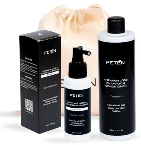 FETEN Set Anticaída para Hombre: Champú y Acondicionador 400ml + Sérum Spray 100ml, Tratamiento Caída del Cabello, Loción Capilar Crece Pelo, Volumen y Fortalecimiento, Anti Hair Loss