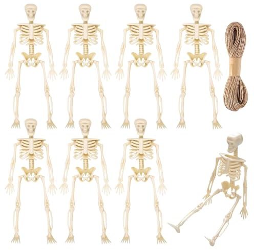 Esqueleto Halloween Pequeño, Decoracion Halloween Esqueleto, Mini Esqueletos Halloweens Decoracion con 5 M Cuerda de Cáñamo, Adecuado para Halloweens, Fiestas de Terror y Casas Encantadas (8PCS)