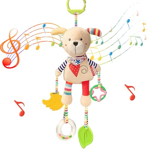 Jodsen Baby Pram Pushchair Toys Newborn Sensory Toy for Babies Soft Plush Early Development Stroller Car Toy Hanging Activity Toy with Teether Clip on Pushchair Handbells Baby Rattles Toys (Cute Dog)