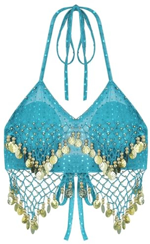 ATEUXOL Belly Dancer Top Sexy Women Beaded Sequins Belly Dance Costumes Bra Professional Dancer Outfits Stage Performance Carnival Tops BRA(Light Blue)
