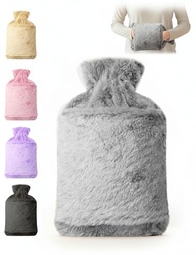 KEPLIN Hot Water Bottle 2L with Soft Faux Fur Cover, Leakproof Natural Rubber, Long Lasting Warmth for Neck, Back & Hands, Fluffy Cosy Design for Men & Women, Winter Comfort - Grey