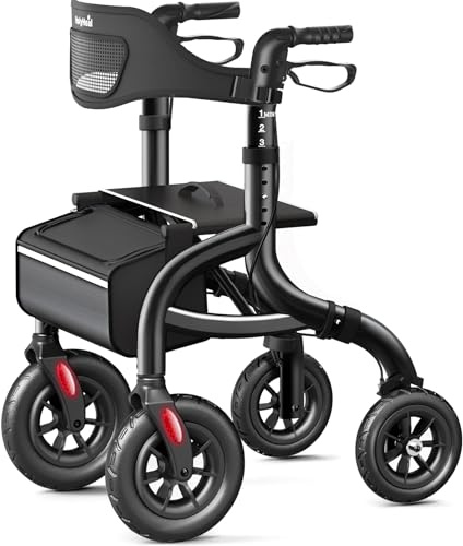HolyHeal Walkers for Seniors, Rollator Walker with Seat and Backrest, 10 Big Wheels All Terrain, Rolling Walker Foldable Supports 350lb, Lightweight & Height Adjustable, Cane & Cup Holder, Black