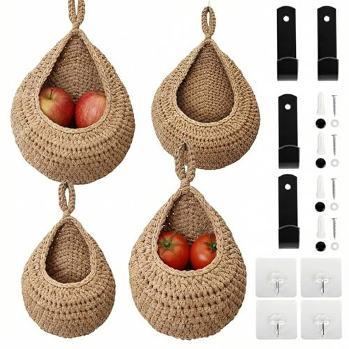 Gykutix 4 Piezas Cestas De Frutas Colgantes con Adhesivos de Pared y Ganchos, Cesto Sospeso Intrecciato a Mano per Frutta y Verduras, Organizar y Decorar