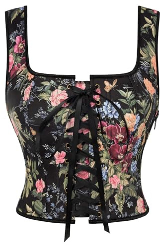 SCARLET DARKNESS Women Renaissance Lace-Up Corset Medieval Floral Square Neck Sleeveless Bustier Top