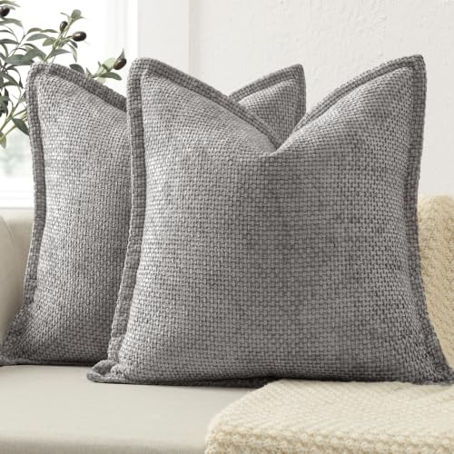 ZWJD Juego de 2 Funda Cojin 40x40CM con Borde Decorativos, Fundas Cojines Gris Claro de Chenilla, Cojines para Sofa, Cama y Salón, Decoración del Hogar, Fundas de Cojín de Estilo Lujoso