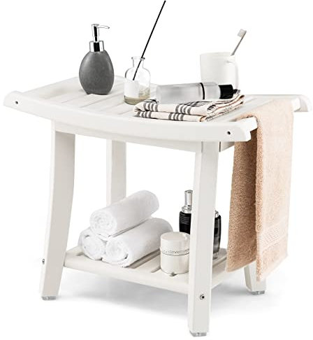 COSTWAY Taburete de Ducha de Esquina, Banco Impermeable de Baño con Estante de Almacenamiento de Madera, Asiento Bañera Adulto para Ducha para Uso en Interiores y Exteriores (Diseño 1)
