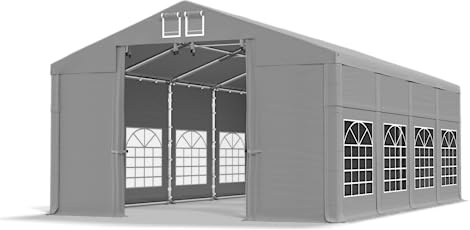 DAS COMPANY Partyzelt Grau 4x8x2,5m Festzelt Hochzeitszelt PVC Plane Design Winter - Zeltgarage - Lagerzelt Winterfest - Dachzelt Hartschale - Pavillon - Partyzelt - Zeltgarage - Winterzelt